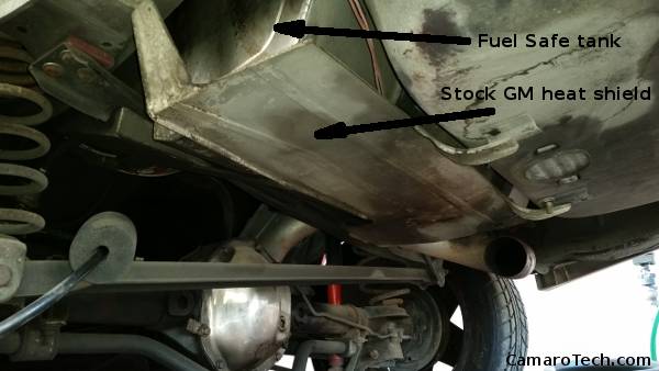 Use of the stock heat shield protecting the gas tank from the muffler